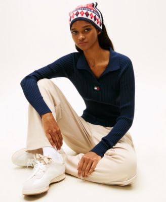 Women's Long-Sleeve Ribbed Collar Polo Top