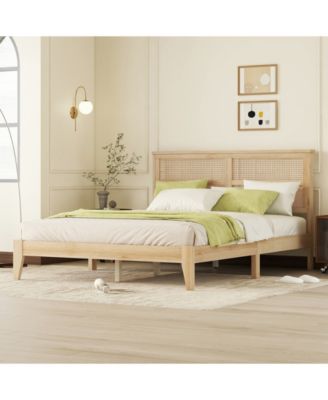 Queen Upholstered Bed Frame with Rattan Headboard and Support Feet, Wooden Frame Queen Size Platform Bed, No Box Spring Needed