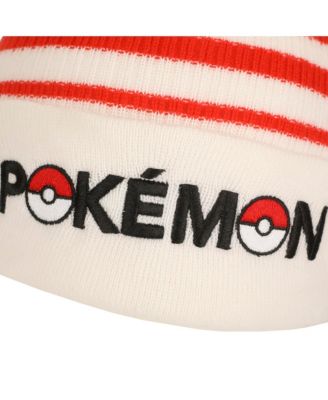 Men's Pokeball Plush Pom, Red And White Stripes Cuff Beanie
