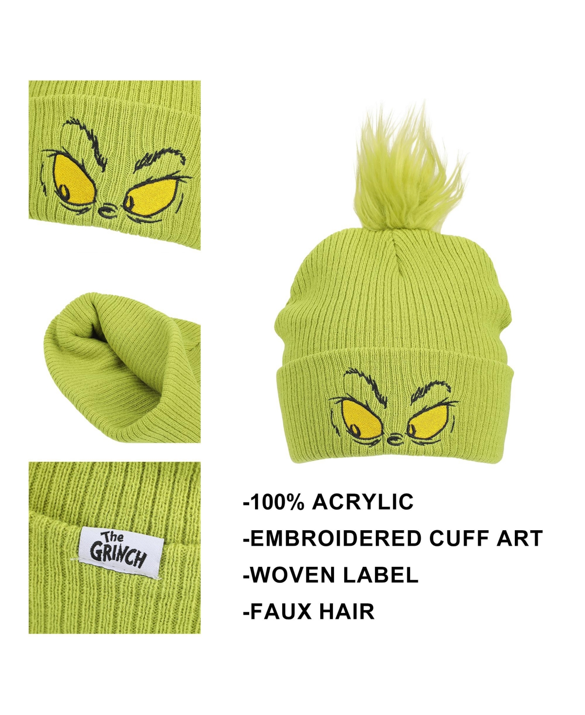 The Grinch Men's Grinch Eyes Embroidery And Faux Hair Acrylic Knit Cuff Beanie