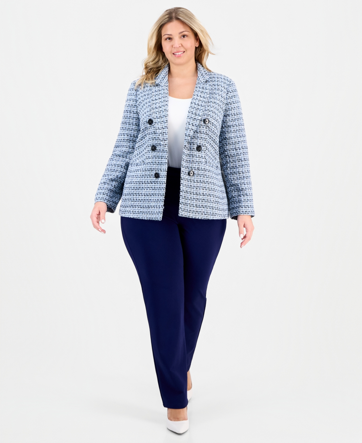 Jones New York Plus Size Tweed Open-front Blazer In Blue