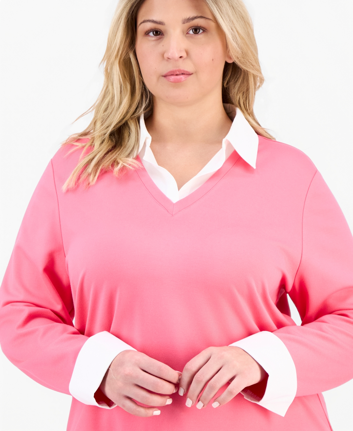 Jones New York Plus Size Collared V-Neck Knit Top