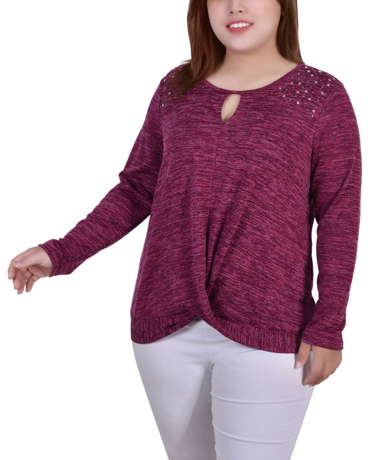 Ny Collection Women's Plus Size Long Sleeve Knit Keyhole Top In Burgundy