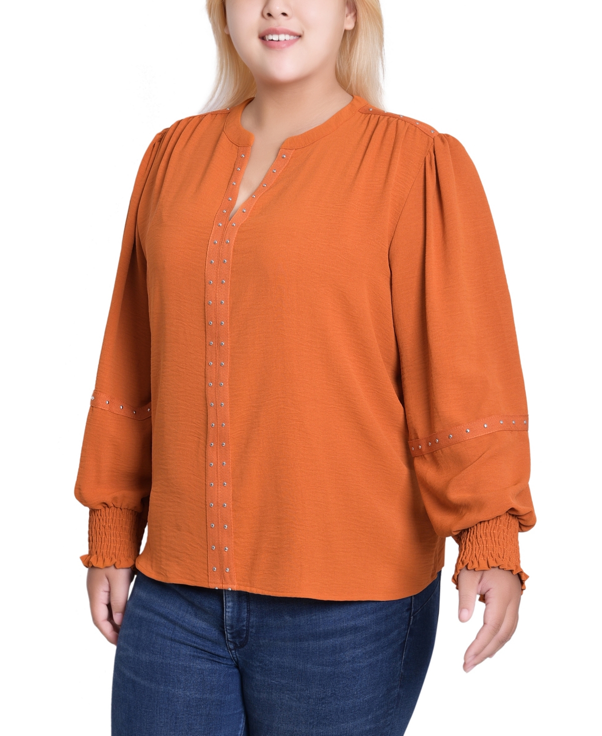 Ny Collection Women's Plus Size Long Sleeve Studded Blouse In Orange
