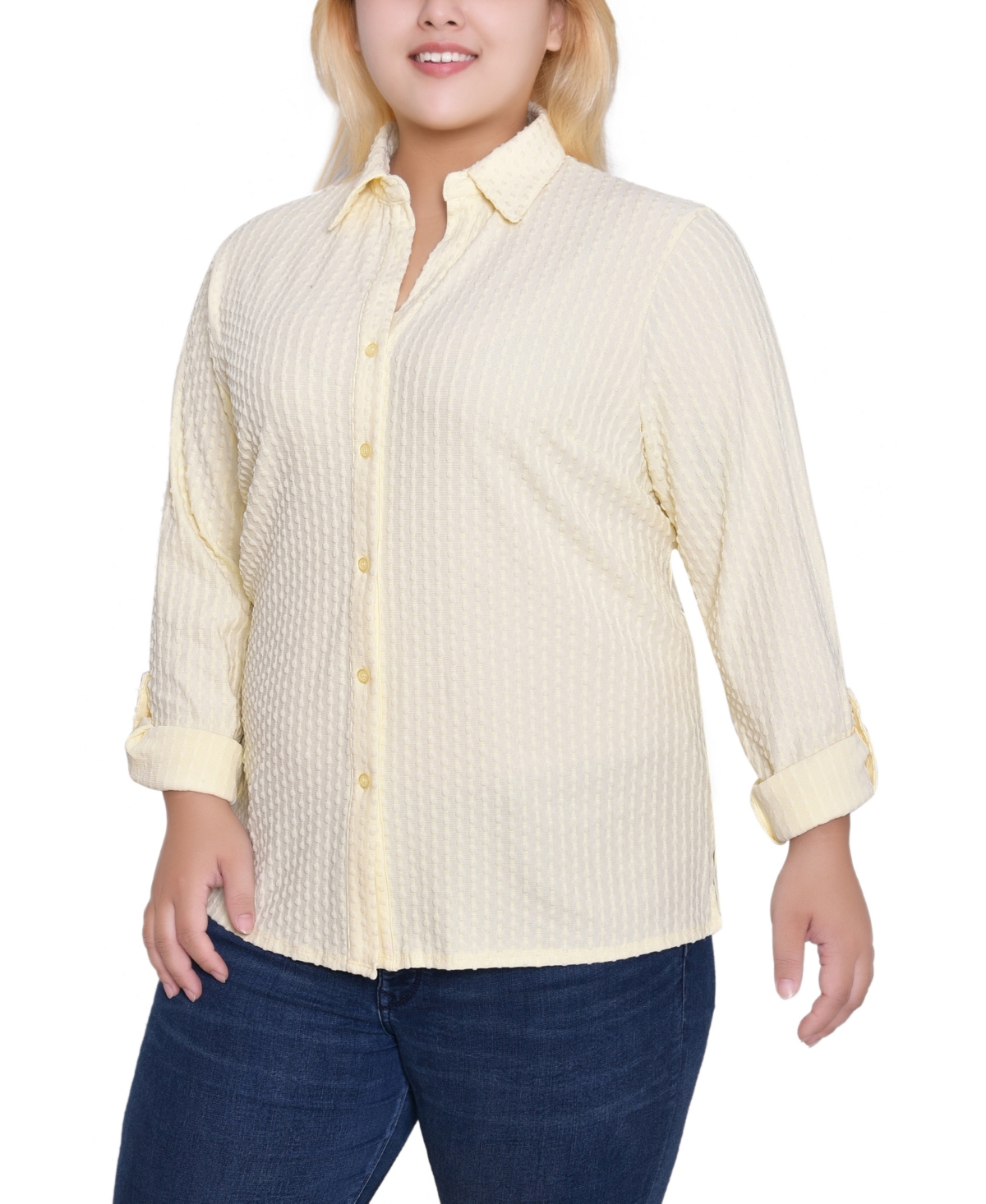 Ny Collection Women's Plus Size Long Sleeve Textured Knit Top In Yellow