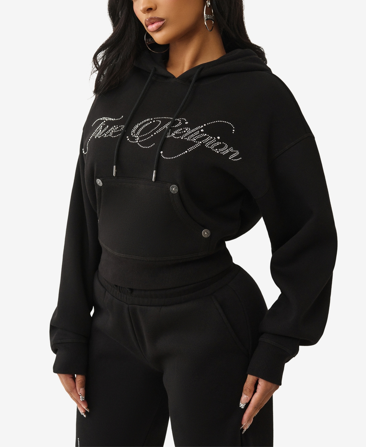 True Religion Rhinestone Logo Crop Hoodie In Black