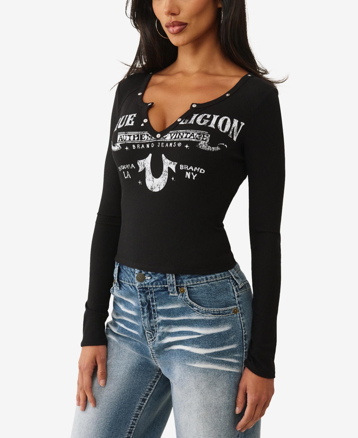 True Religion Women's Ribbed Logo Rivets V Notch Top