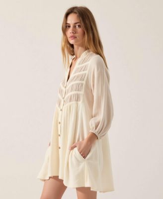 Women's Textured Sheer Panel Pintuck Shirt Dress