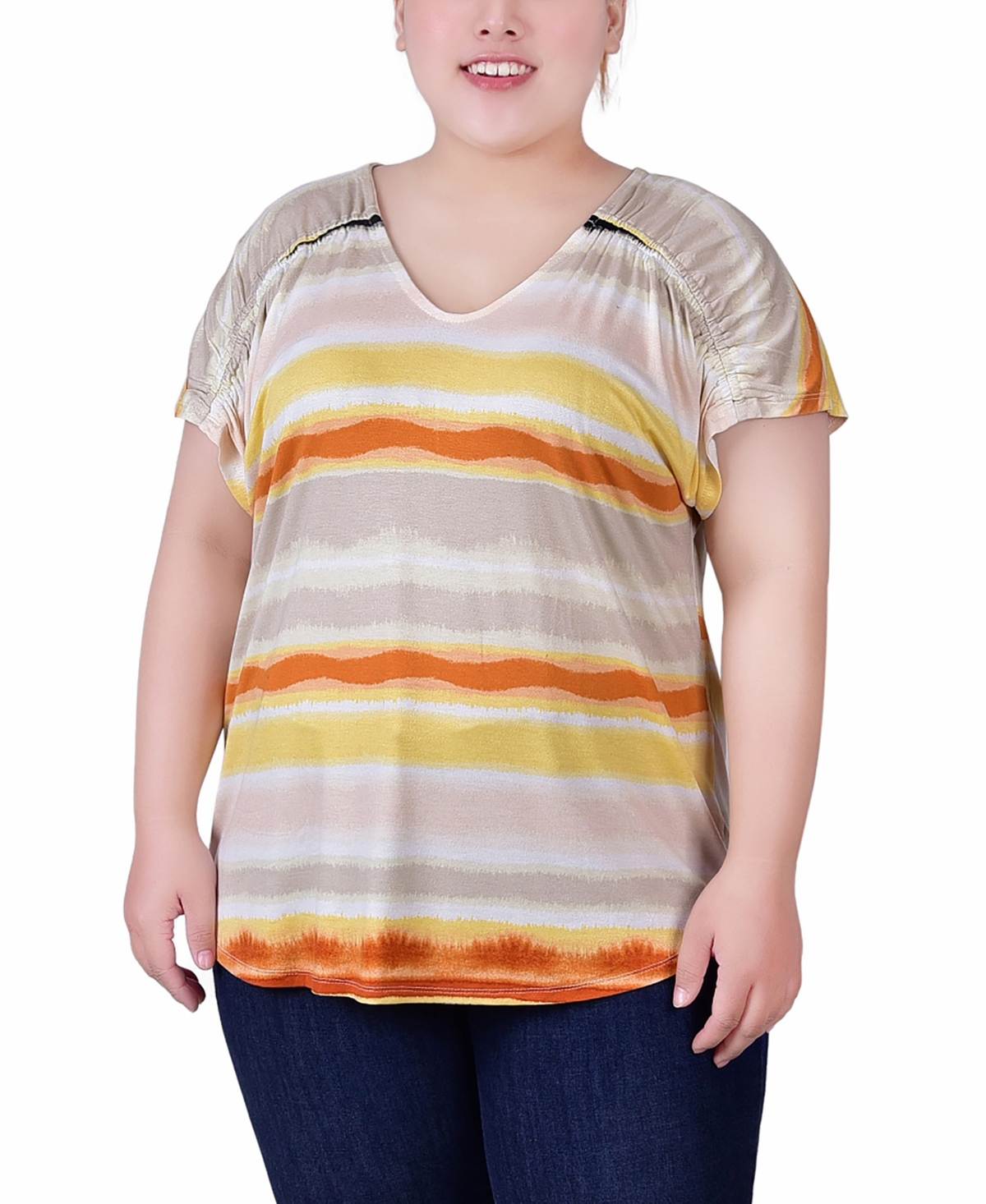 Ny Collection Women's Plus Short Sleeve Striped V neck Top