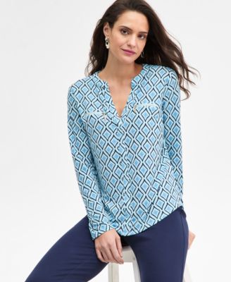 Petite Chloe Tile Long-Sleeve Zipper V-Neck Top, Macy's Exclusive