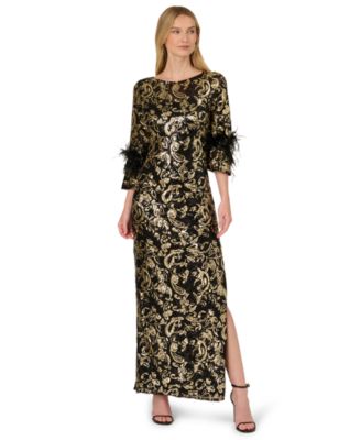 Adrianna Papell - Women's Sequined Feather-Trim Gown