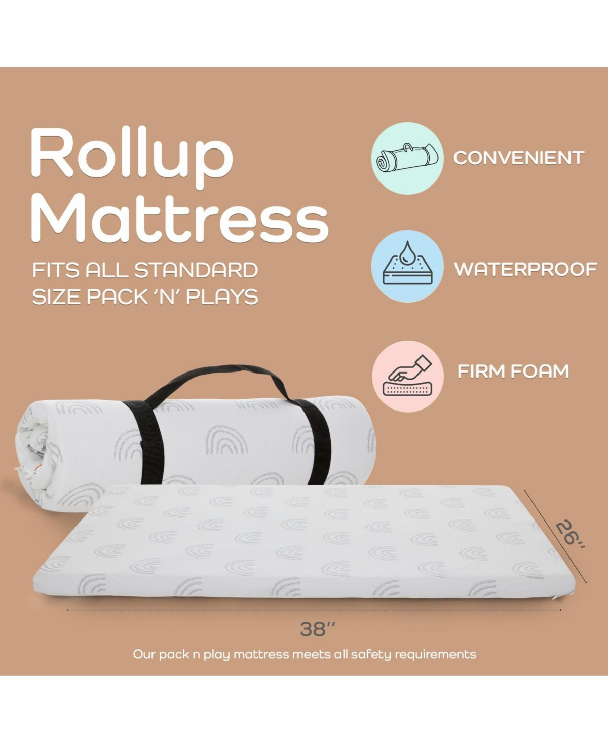 Babylicious Waterproof Pack N Play Mattress Topper – Twin (38" x 26") Soft Memory Foam, Roll-Up Design, Breathable and
