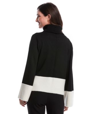 Petite Color Block Trim Turtleneck Long Sleeve Sweater