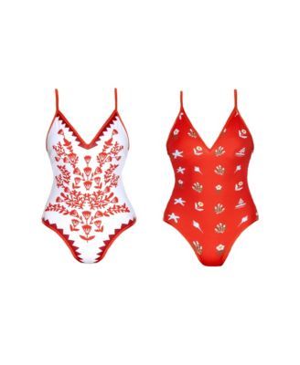 Women's Red Coral Reversible V-Neck One-Piece Swimsuit