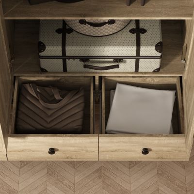 1 Pc Wood Wardrobe 3 Drawers Rattan Doors Hanging Rod Bedroom Armoire Closet Organizer