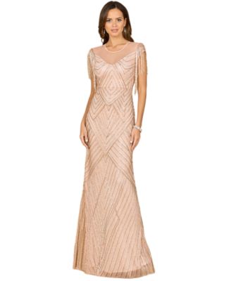 Women's Beaded Fringe Illusion Dress with Cap Sleeves