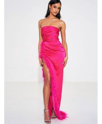 Women's Perrin Fuchsia Pink Feather Dress High Slit Gown