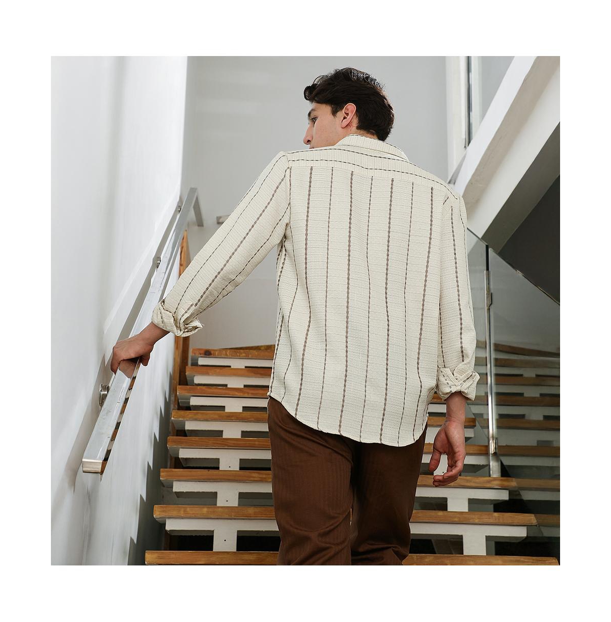 Campus Sutra Men's Textured Striped Cotton-Polyester Blend Shirt