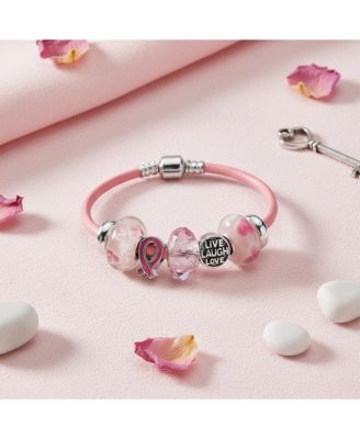 Live Love Laugh Support Breast Cancer Survivor Pink Ribbon Multi Bead Charm Leather Bracelet Sterling Silver Barrel Clasp