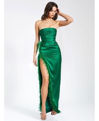 Women's Perrin Emerald Green Feather Dress High Slit Gown