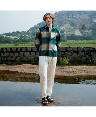 Men's Emerald Green & Buff Beige Vignette-Checkered Oversized Shirt