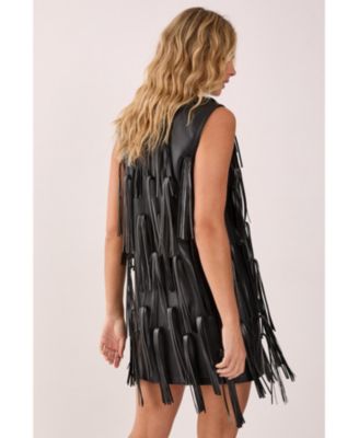 Women's Faux Leather Tassel Plunge Mini Dress