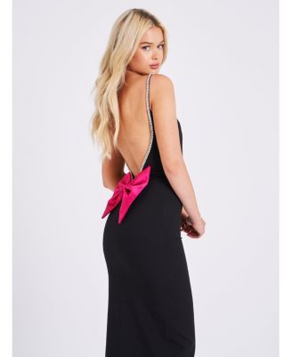 Women's Flore Black Crystal Straps Backless Gown With Bow