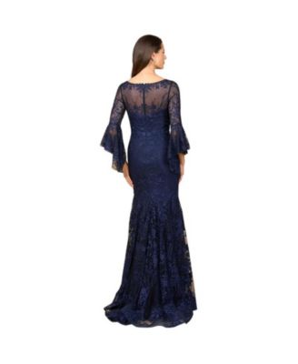 Women's Illusion Neck, Long Bell Sleeve Gown