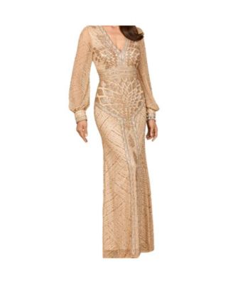Women's V Neck Beaded Long Sleeve Dress