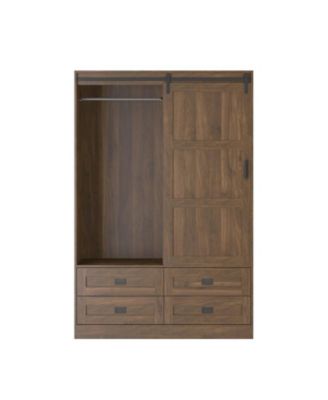 Tall Cabinet Bedroom Armoire Wardrobe Closet Clothing with Hanging Rod Barn Door Drawers Open Shelves