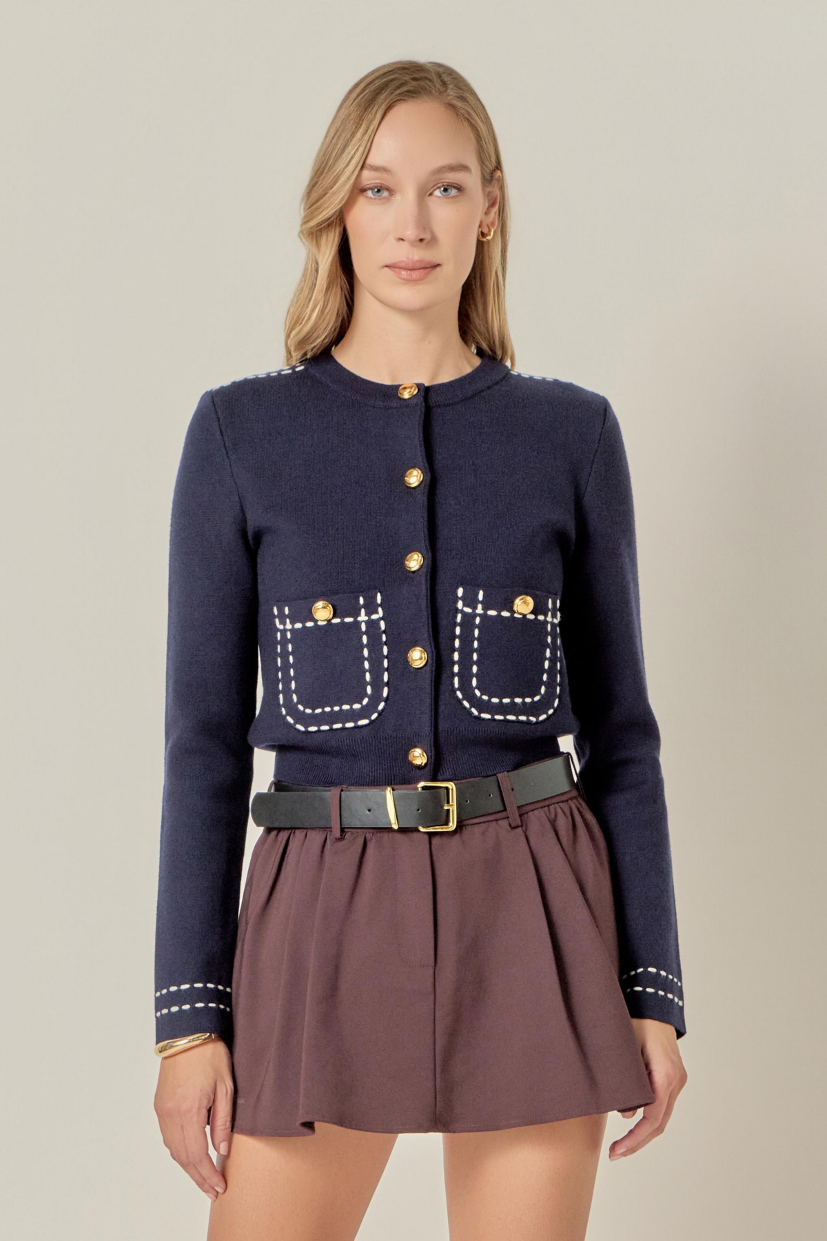 English Factory Women's Stitch Detail Puff Sleeve Cardigan