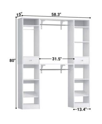 58" - 90'' W MDF/Metal Closet System with 2 Drawers, 3 Hanging Rods and Shelves Large Walk-in Closet Organizer