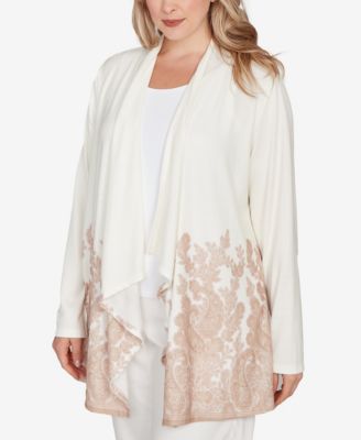 Plus Size Long Sleeve Border Print Cardigan Sweater