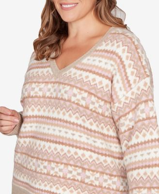 Plus Size Long Sleeve V-Neck Fairisle Sweater