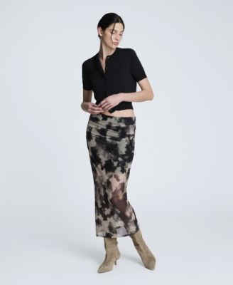 Women's Printed Mesh Side Ruched Midi Skirt