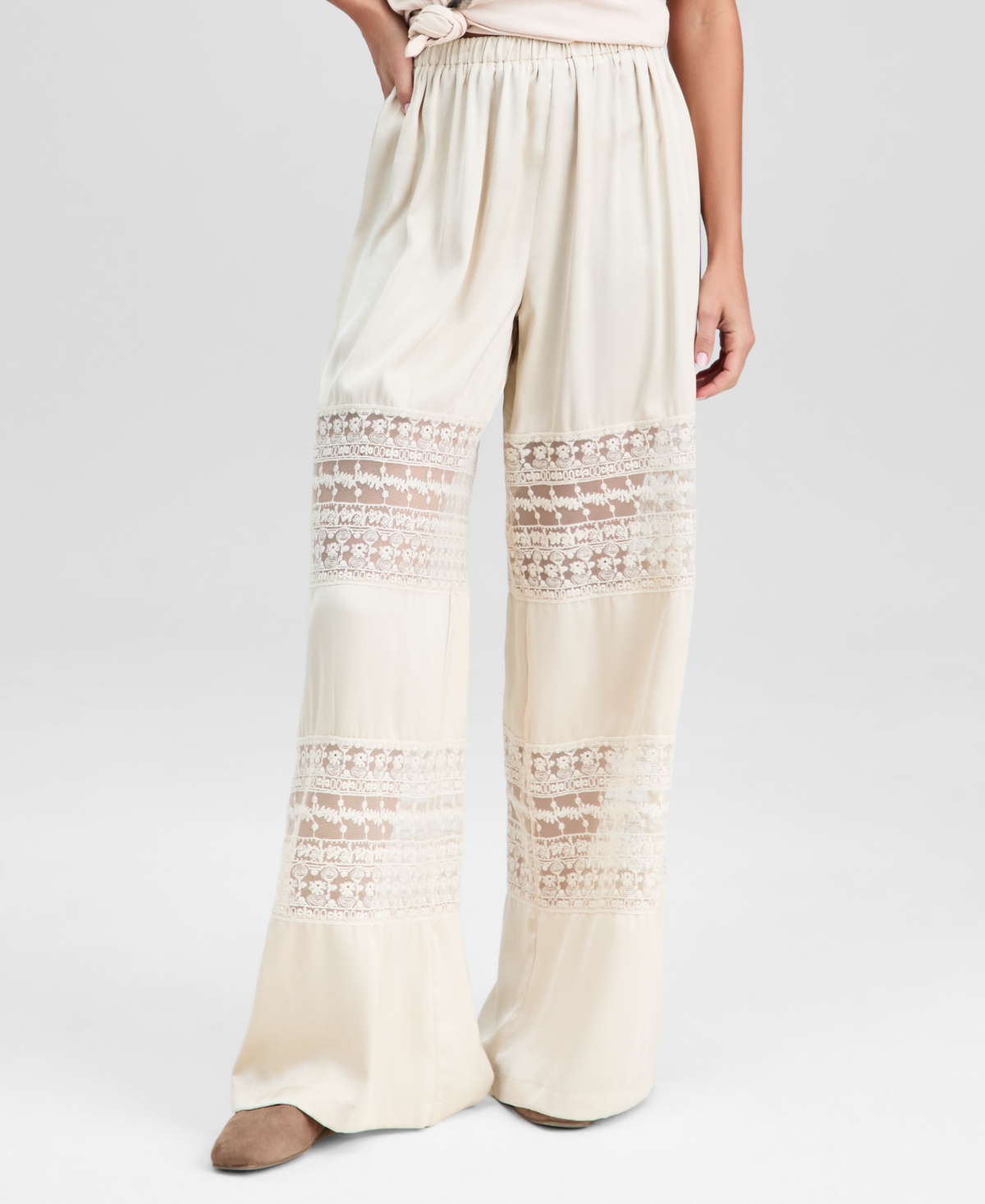 And Now This Women's Pull-on High-rise Lace-inset Pants, Macy's Exclusive In Neutral