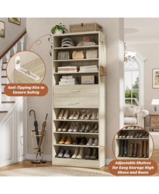 8-Tier Shoe Rack with 2 Drawers, 80'' High Wooden Shoe Cabinet with Adjustable Shelves