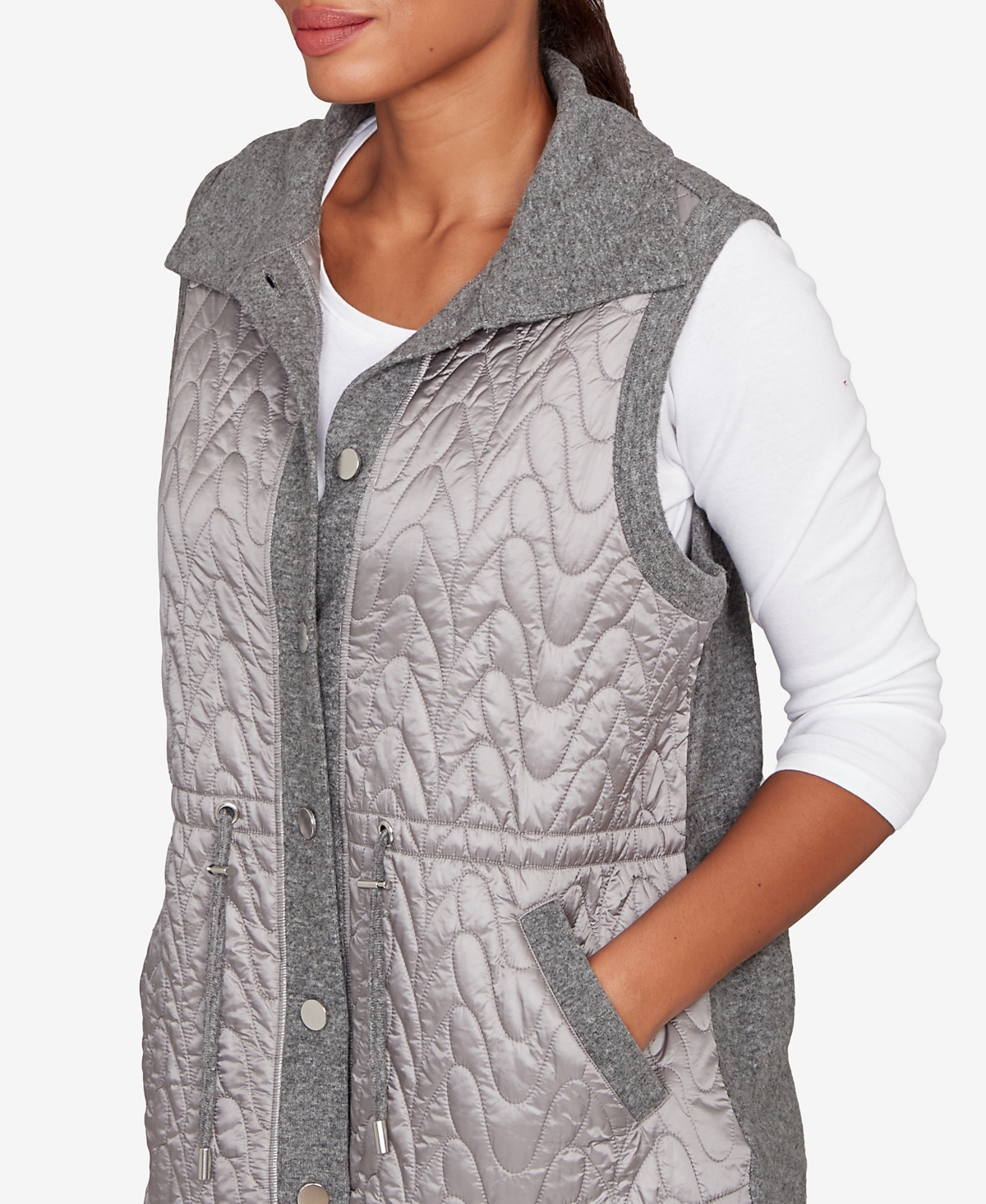 Ruby Rd. Petite Button Front Quilted Vest In Gray