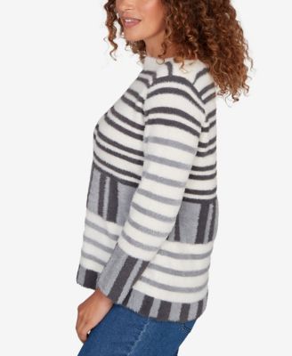 Petite Striped Feather Eyelash Pullover Sweater