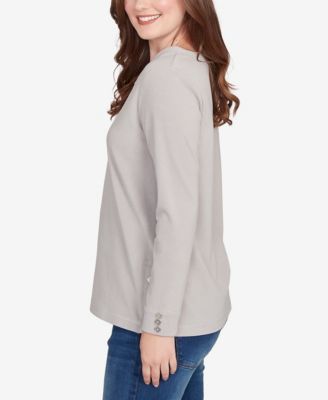 Petite Luxe Rib V-Neck Button Accent Knit Top