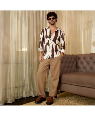 Men's Chocolate Brown & Daisy White Contour-Lines Pleated Shirt