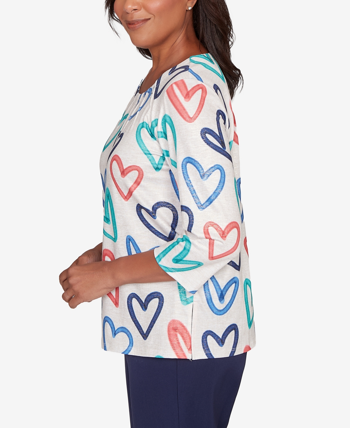 Alfred Dunner Plus Size Saratoga Springs Tossed Heart Pattern Knit Top In White