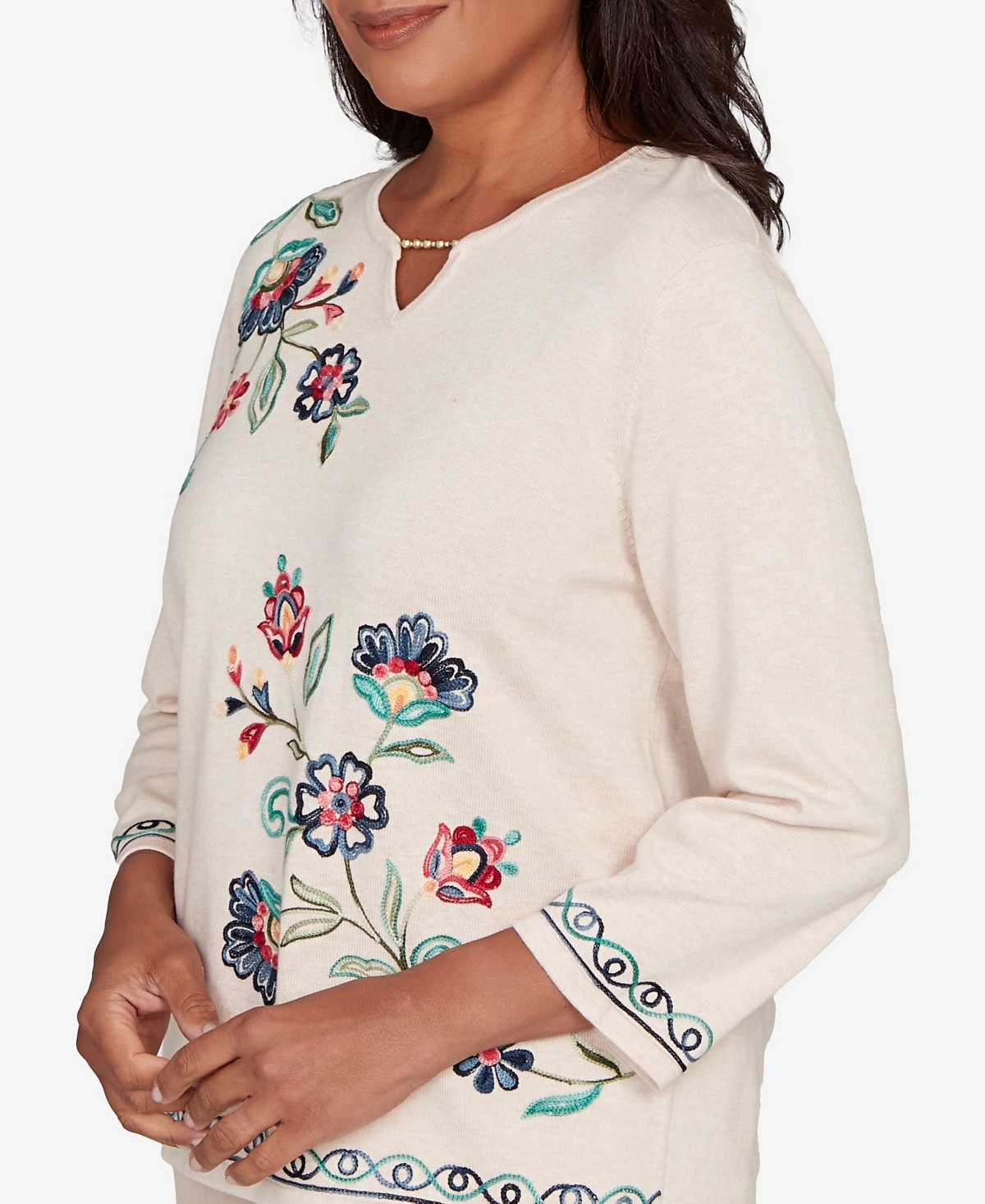 Alfred Dunner Plus Size Saratoga Springs Embroidered Floral Three-quarter Sleeve Sweater In Multi