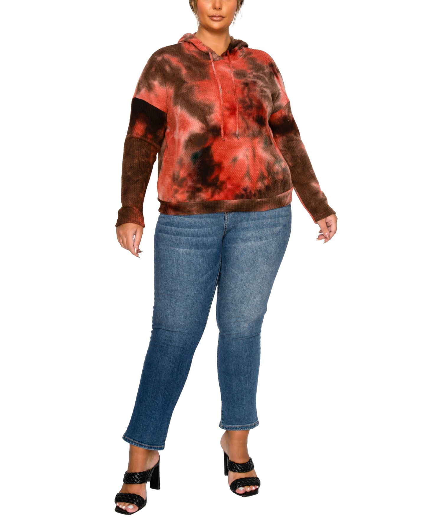 Женская толстовка COIN 1804 Plus Size Brushed Tie Dye Waffle Drawstring, цвет: Коричневый — фото 3