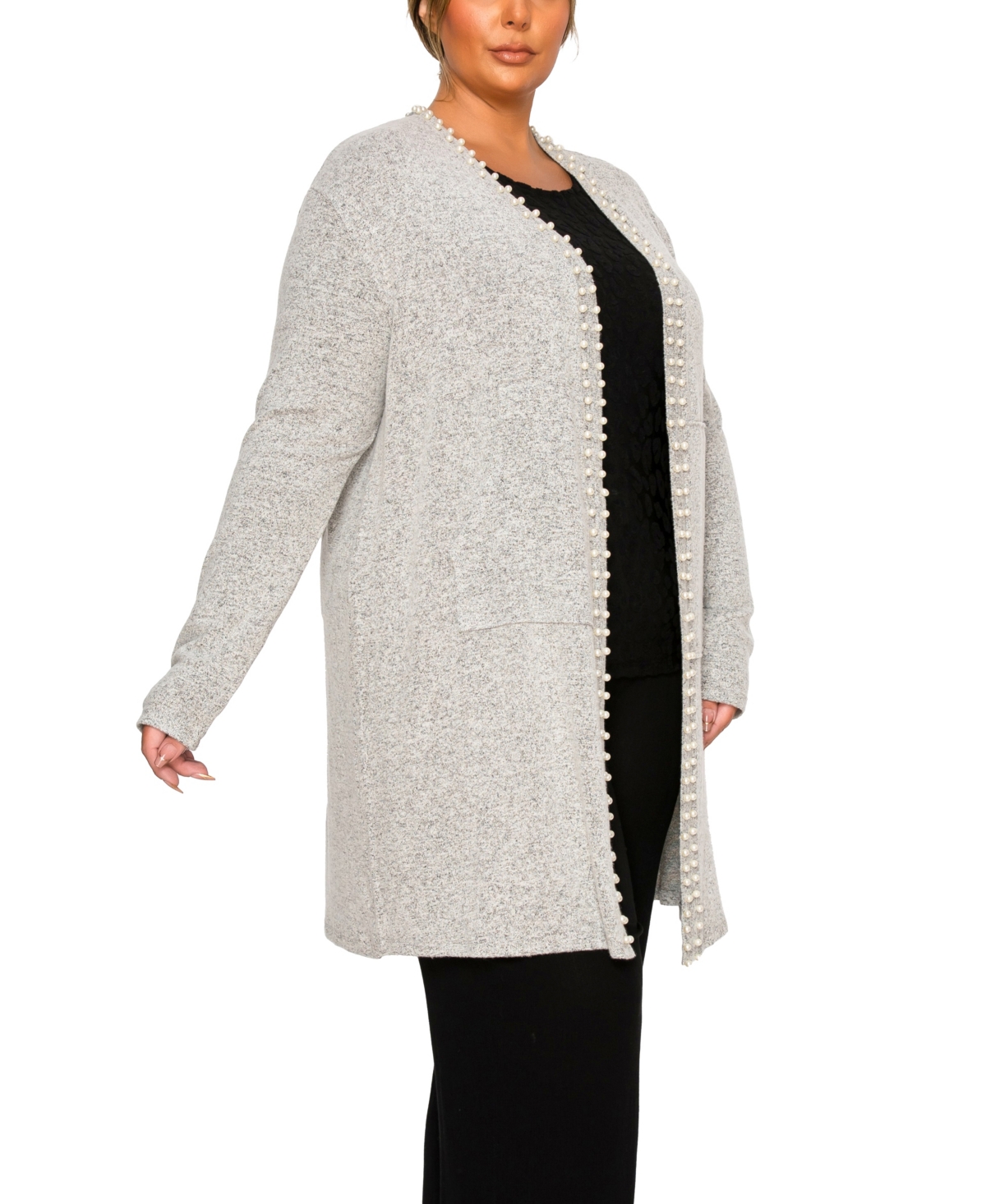 Coin 1804 Plus Cozy Pocket Cardigan Sweater with Cultivated Pearls