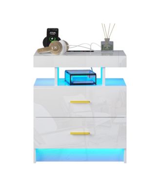 22.8" Wood LED Nightstand RGB Lights Auto Sensor Charging Station