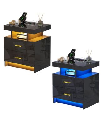 22.8" Wood LED Nightstand RGB Lights Auto Sensor Charging Station