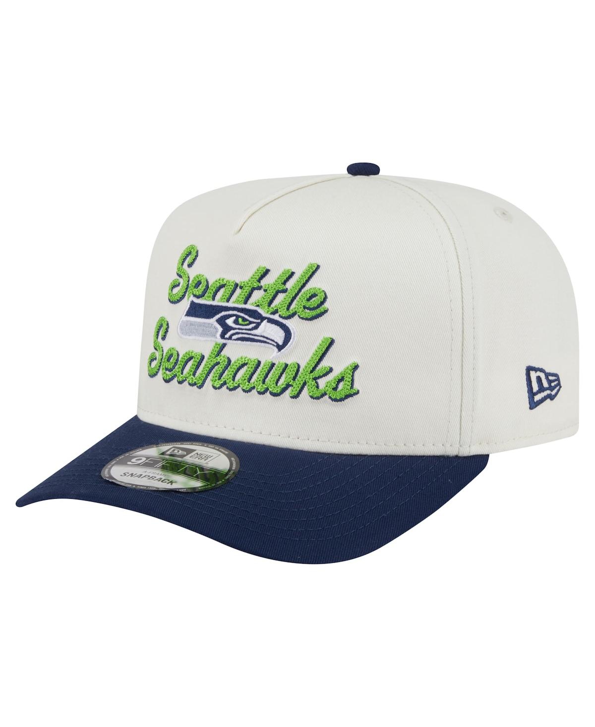 New Era Men's Cream/College Navy Seattle Seahawks Chainstitch A-Frame 9FIFTY Adjustable Hat