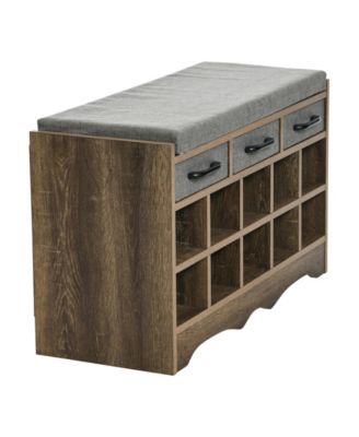 Entryway Storage Bench with Drawers, Shoe Compartments and Cushioned Seat in Ashwood Rustic Wood Grain