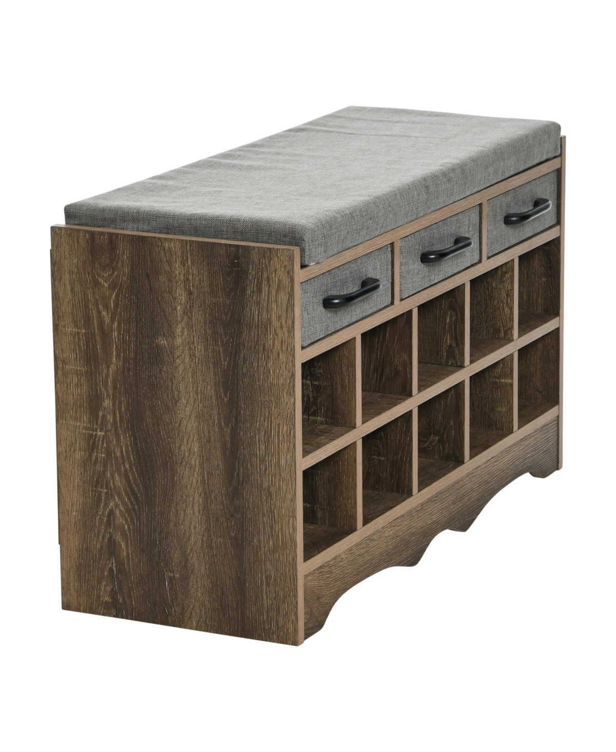 Household Essentials Entryway Storage Bench with Drawers, Shoe Compartments and Cushioned Seat in Ashwood Rustic Wood Grain